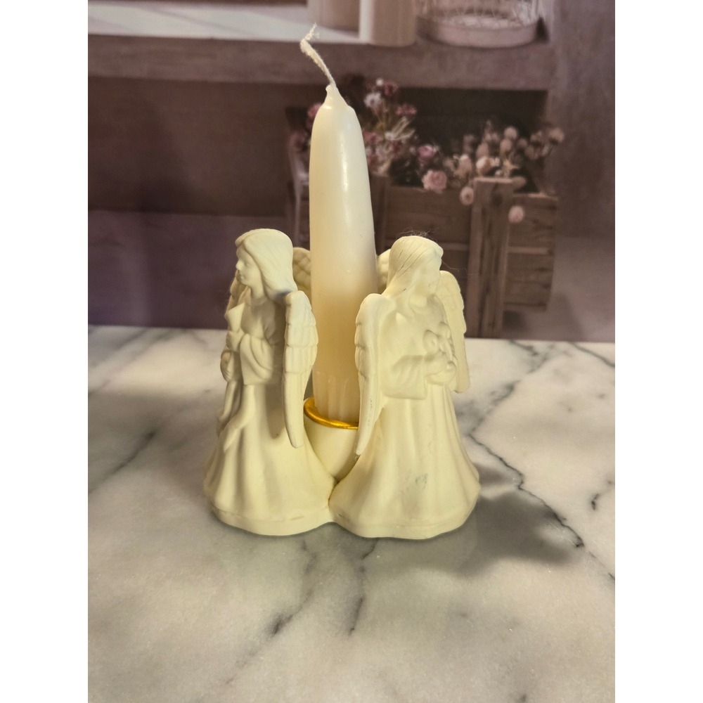Vintage Angel Trio Taper Candle Holder Cream Resin Musical Angels with Candle